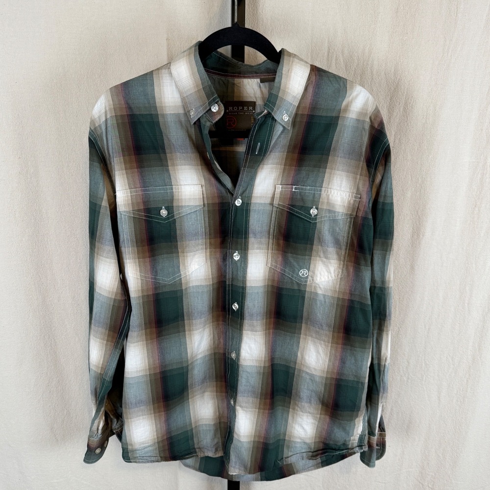 Roper Mens Green Brown Plaid Western Long Sleeve Button Down Shirt Small